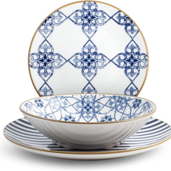 Servizio da Tavola Medeira 18 pz H&H Porcellana Blu, Bianco e bordo dorato dispensa mediterranea