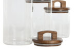 barattoli in vetro con coperchio in legno, barattoli ermetici cucina, set barattoli vetro decorato, barattoli alimentari in vetro, contenitori in vetro con chiusura ermetica, barattoli eleganti per dispensa.