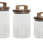 barattoli in vetro con coperchio in legno, barattoli ermetici cucina, set barattoli vetro decorato, barattoli alimentari in vetro, contenitori in vetro con chiusura ermetica, barattoli eleganti per dispensa.