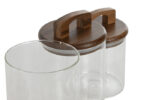 barattoli in vetro con coperchio in legno, barattoli ermetici cucina, set barattoli vetro decorato, barattoli alimentari in vetro, contenitori in vetro con chiusura ermetica, barattoli eleganti per dispensa.