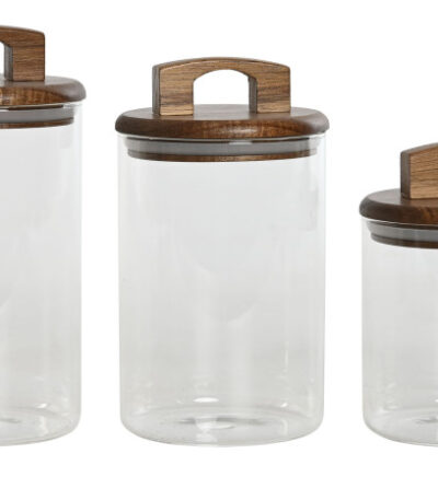 barattoli in vetro con coperchio in legno, barattoli ermetici cucina, set barattoli vetro decorato, barattoli alimentari in vetro, contenitori in vetro con chiusura ermetica, barattoli eleganti per dispensa.