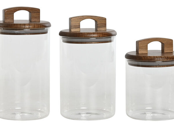 barattoli in vetro con coperchio in legno, barattoli ermetici cucina, set barattoli vetro decorato, barattoli alimentari in vetro, contenitori in vetro con chiusura ermetica, barattoli eleganti per dispensa.