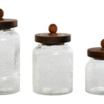 set 3 barttoli in vetro decorato con coperchio in acacia ermetico