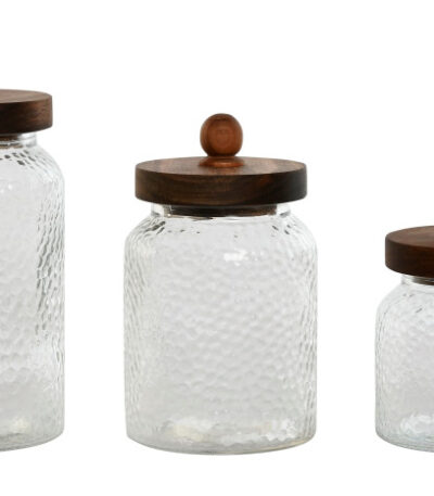 set 3 barttoli in vetro decorato con coperchio in acacia ermetico