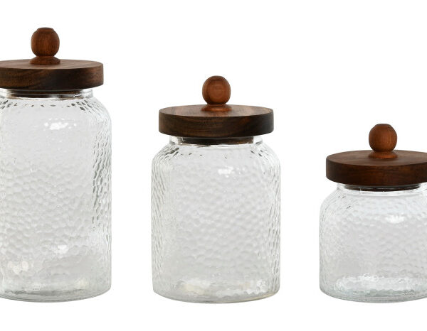 set 3 barttoli in vetro decorato con coperchio in acacia ermetico