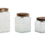 set 3 barttoli in vetro decorato con coperchio in acacia ermetico