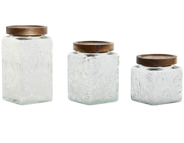 set 3 barttoli in vetro decorato con coperchio in acacia ermetico