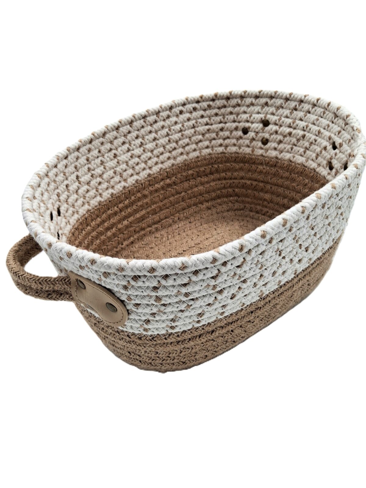 Cesta ovale in cotone panna e beige con manici