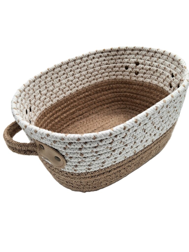 Cesta ovale in cotone panna e beige con manici