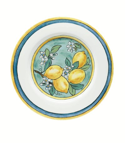 piatto per secondi limoni saturnia, piatto piano porcellana, piatto fondo decoro limoni, piatto per primo, piatto fondo decoro vietrese, piatto decoro mediterranea