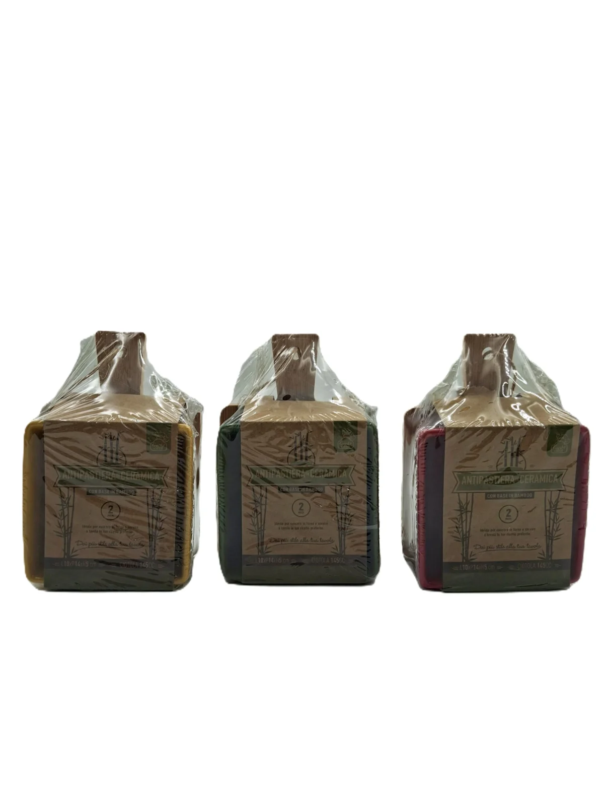 antipastera ceramica su tagliere 2 Antipastiera in ceramica su base bambù anche da cottura