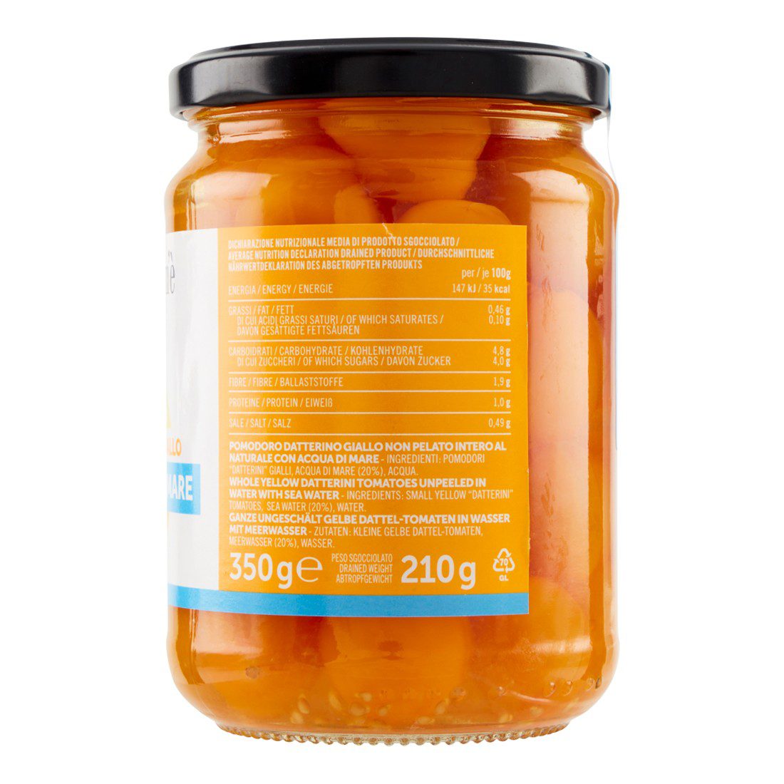 datterino giallo in acqua di mare così com'è 350 gr 3 datterino giallo in acqua di mare così com'è 350 gr, datterini, pomodorini, vasetti di pomodorini, conserve, vetro, ciliegini,cucina, ricette, cibo, pomodori, pasta e pomodoro
