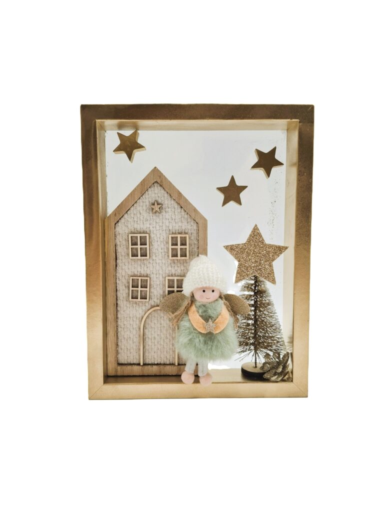 Quadro Natalizio con Decorazioni a Rilievo in Legno e Panna su Vetro con Cornice Dorata