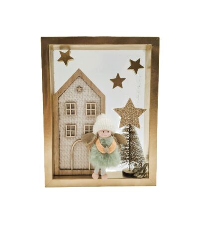 Quadro Natalizio con Decorazioni a Rilievo in Legno e Panna su Vetro con Cornice Dorata