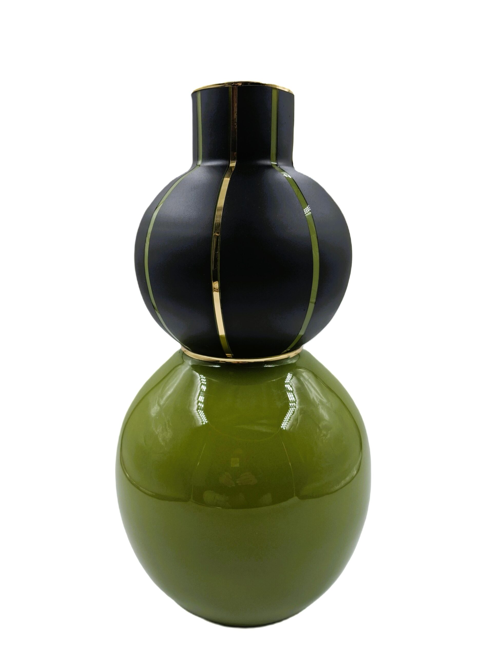 VASO MINERVA TAURUS OLIVA E NERO Vaso Verde Oliva Nero e Dettagli Oro in Vetro H cm 37 Ø19