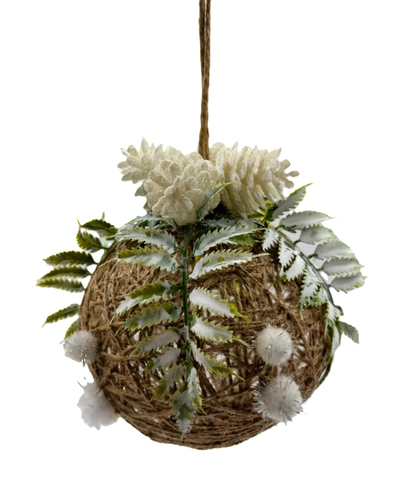 Palla in Juta Decorata con Pigne e Foglie Bianche Ø12 H15 cm