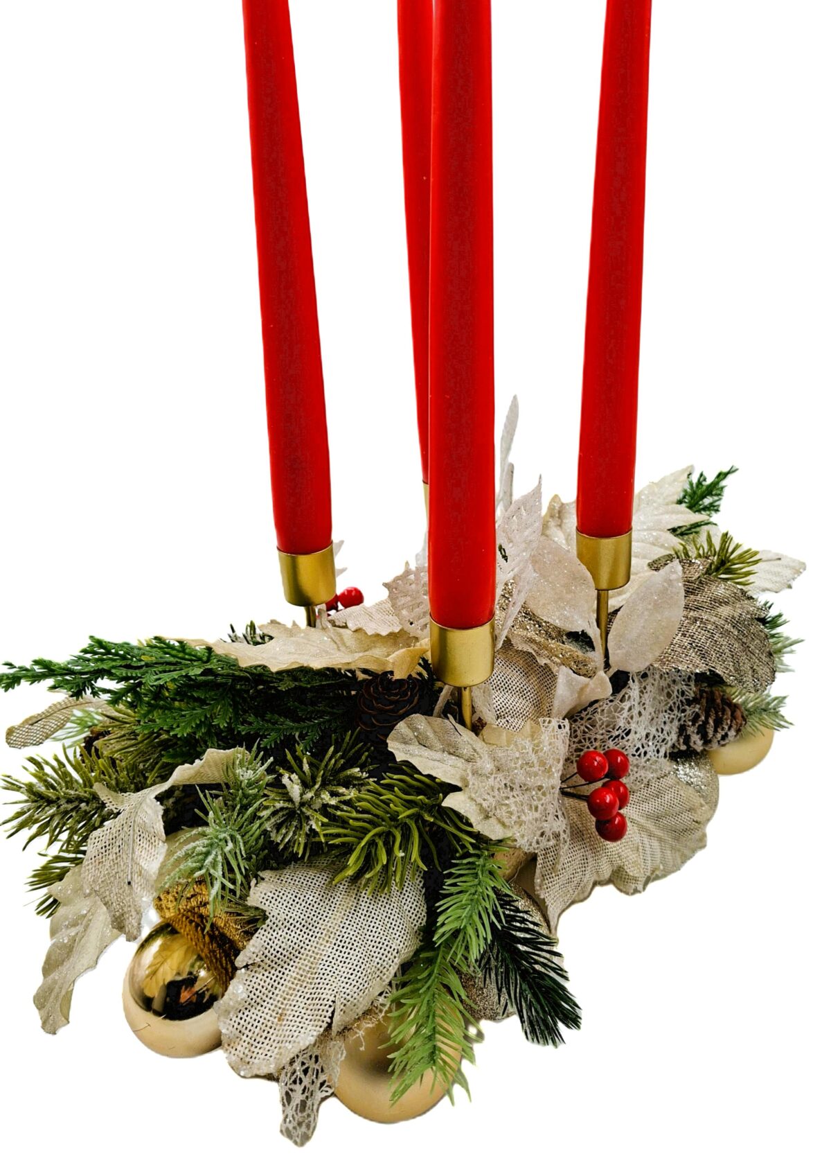Centrotavola Natalizio con 4 Portacandele in Metallo Dorato e Stelle di Natale panna – L38 H19 P24 cm 1 Centrotavola Natalizio con 4 Portacandele in Metallo Dorato e Stelle di Natale Panna – L38 H19 P24 cm