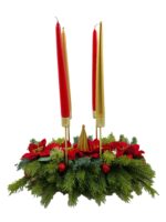 Centrotavola Natalizio con 4 Portacandele in Metallo Dorato e Stelle di Natale – L36 H19 P28 cm
