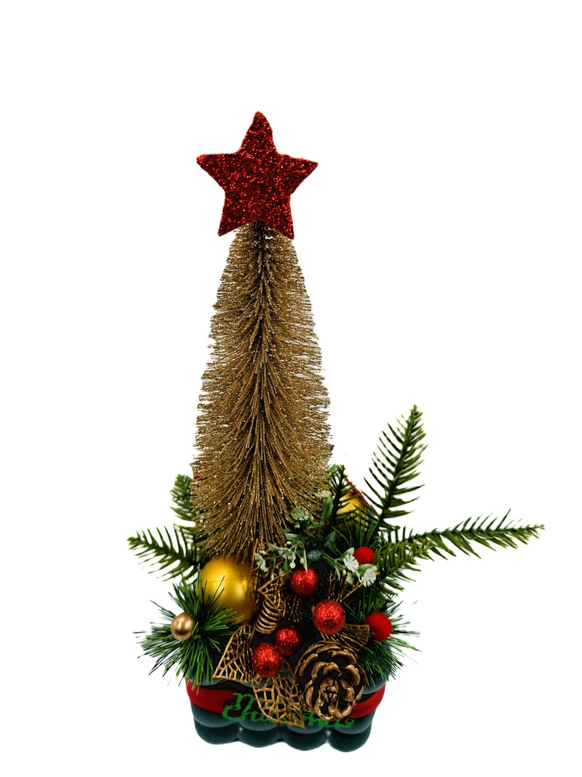 Albero di Natale Dorato con Applicazioni in Vaso Verde Petrolio H 38 L 12 cm