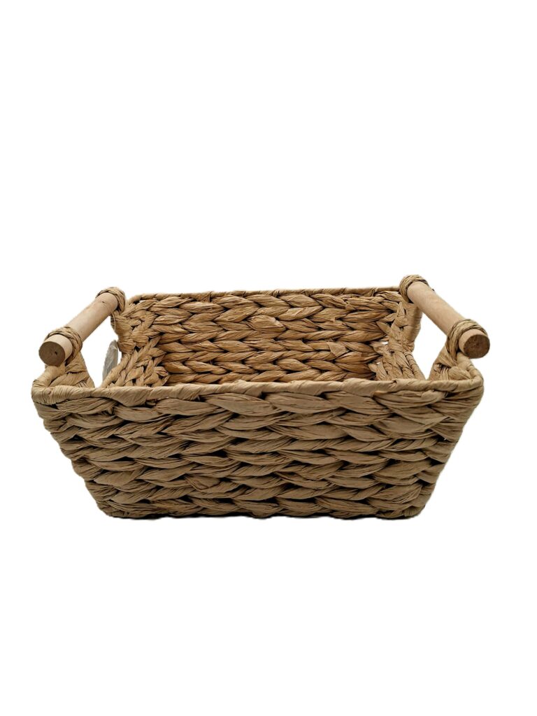 cesta decorativa in metallo rivestita in fibra beige e manici in legno 30,5x25,5xH12,5cm
