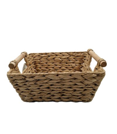 cesta decorativa in metallo rivestita in fibra beige e manici in legno 30,5x25,5xH12,5cm
