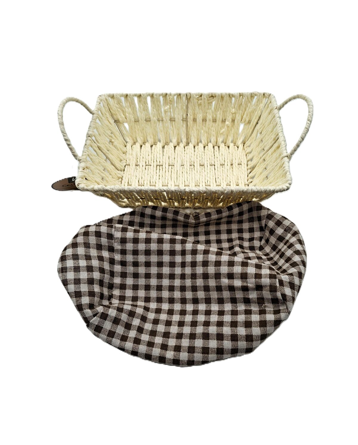 cestino in metallo decorato e rivestito L 26 pro18 H 8 1 Cestino in metallo con Manici, realizzato con Cordino Panna Rivestito con Tessuto a Quadretti Marrone Cot/Lino e Sfoderabile