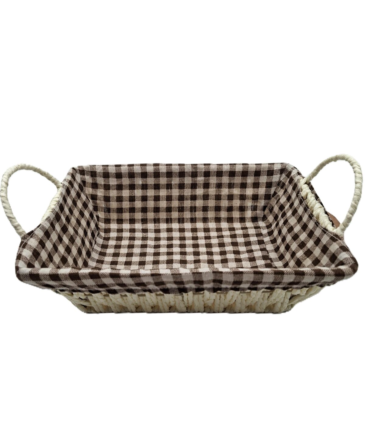 cestino in metallo decorato e rivestito L 26 pro18 H 8 1 2 Cestino in metallo con Manici, realizzato con Cordino Panna Rivestito con Tessuto a Quadretti Marrone Cot/Lino e Sfoderabile