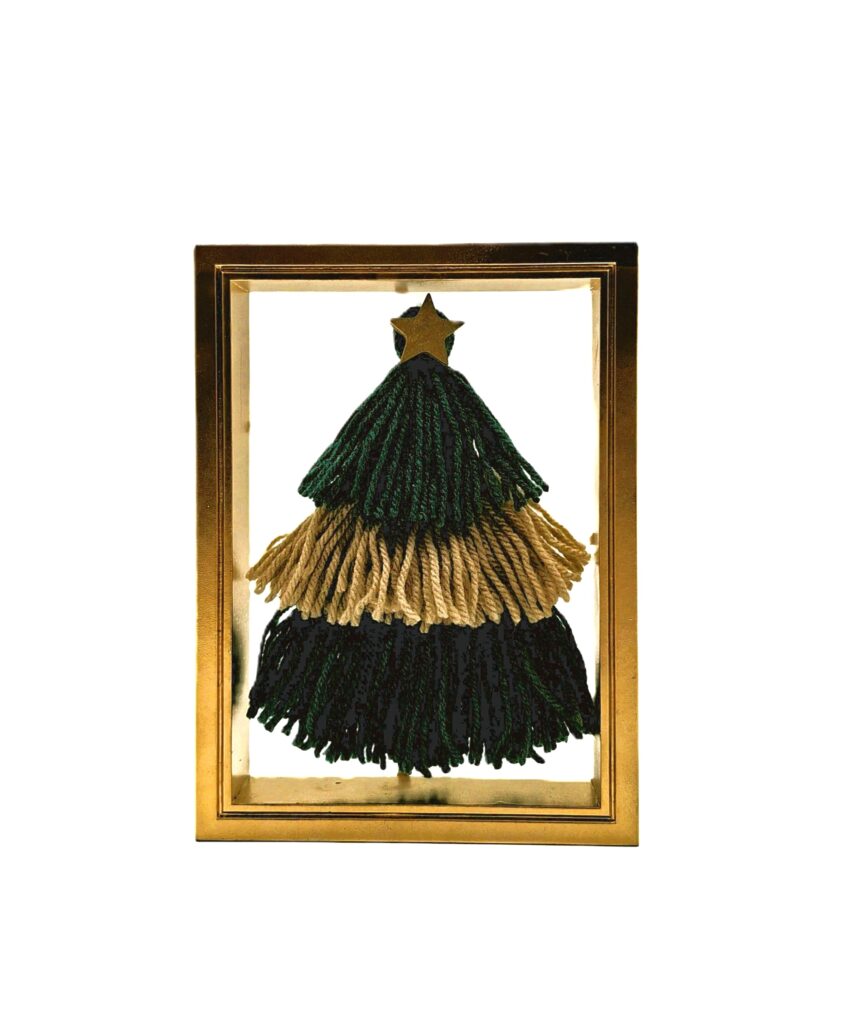 Quadretto Dorato Natalizio con Albero in Lana a Rilievo H 19, L 14,5, P 3,5 cm